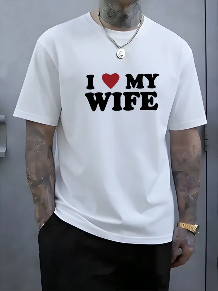Men Summer Short Sleeve T Shirt I Love My Wife Red Heart Graphic Tee Crew Neck Husband Romantic Casual Streetwear Mens Daily Top