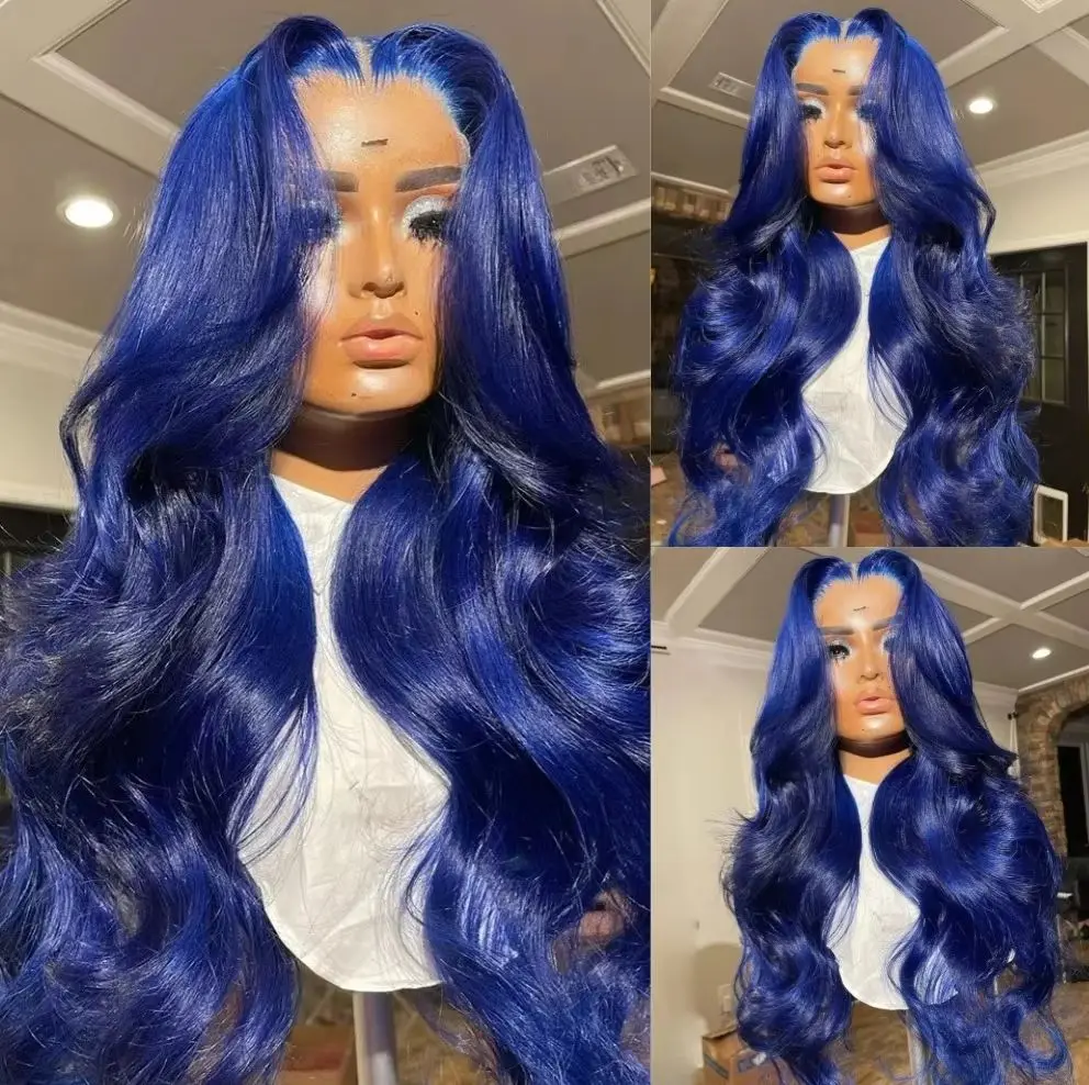 Navy Blue Lace Wigs 13x4 Lace Front Body Wave Wigs Blue Colored Transparent Lace Front Glueless Wigs For Women Pre Plucked