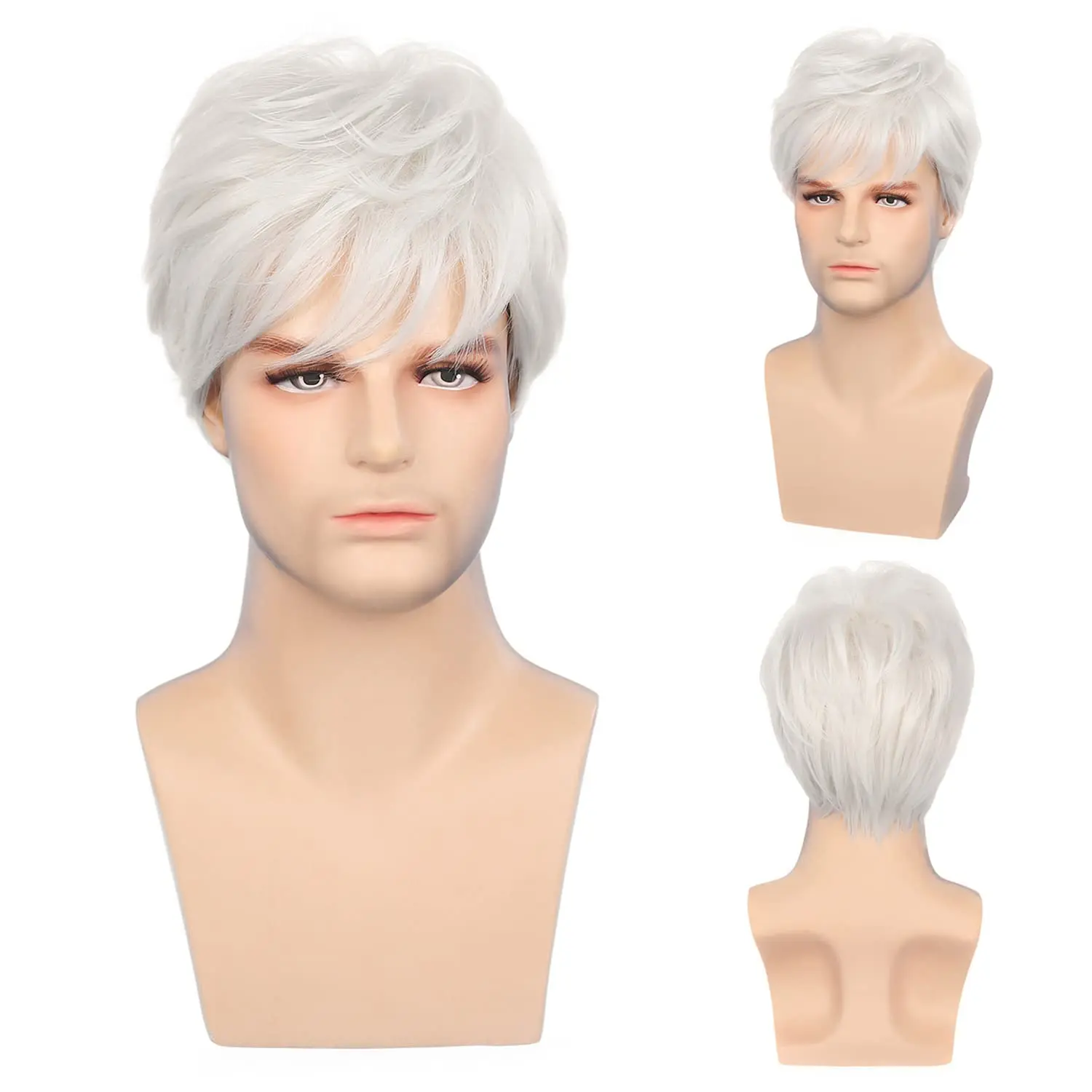 Mens White Wigs Short Layered Natural Cosplay Costume Halloween Synthetic Heat Resistant Replacement Wigs
