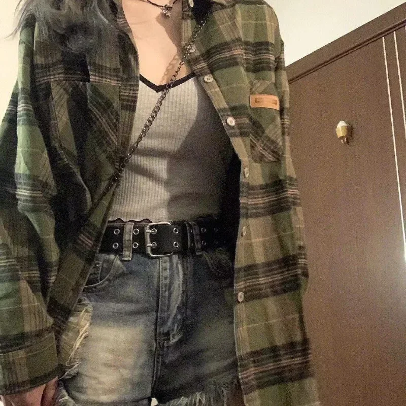 Deeptown Harajuku Green Plaid Shirt Streetwear Women Vintage Long Sleeve Oversize Blouse Korean Fashion Aesthetic Clothes Female