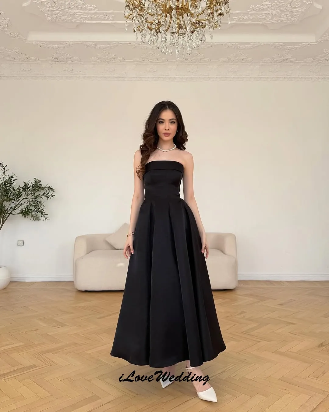 

Black Women Elegant Strapless Prom Dresses 2025 A-Line Satin Woman Party Dress Ruched Cocktail Dresses Ankle Length Customized