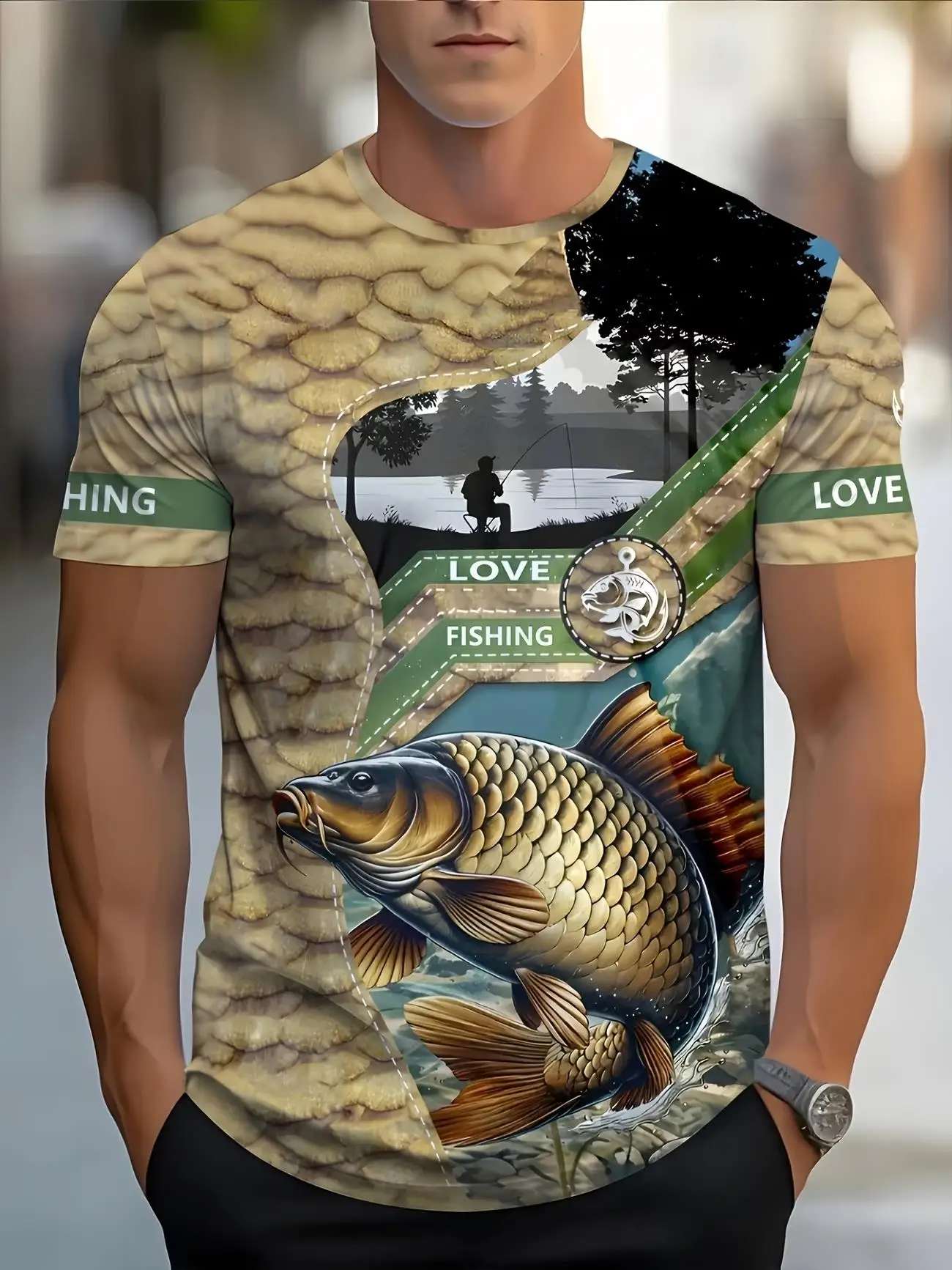 Men's Carp Fish Scale Love Fishing Print Quick Dry Lightweight Short Sleeve Crew Neck T-shirt Outdoor Sports Casual Top