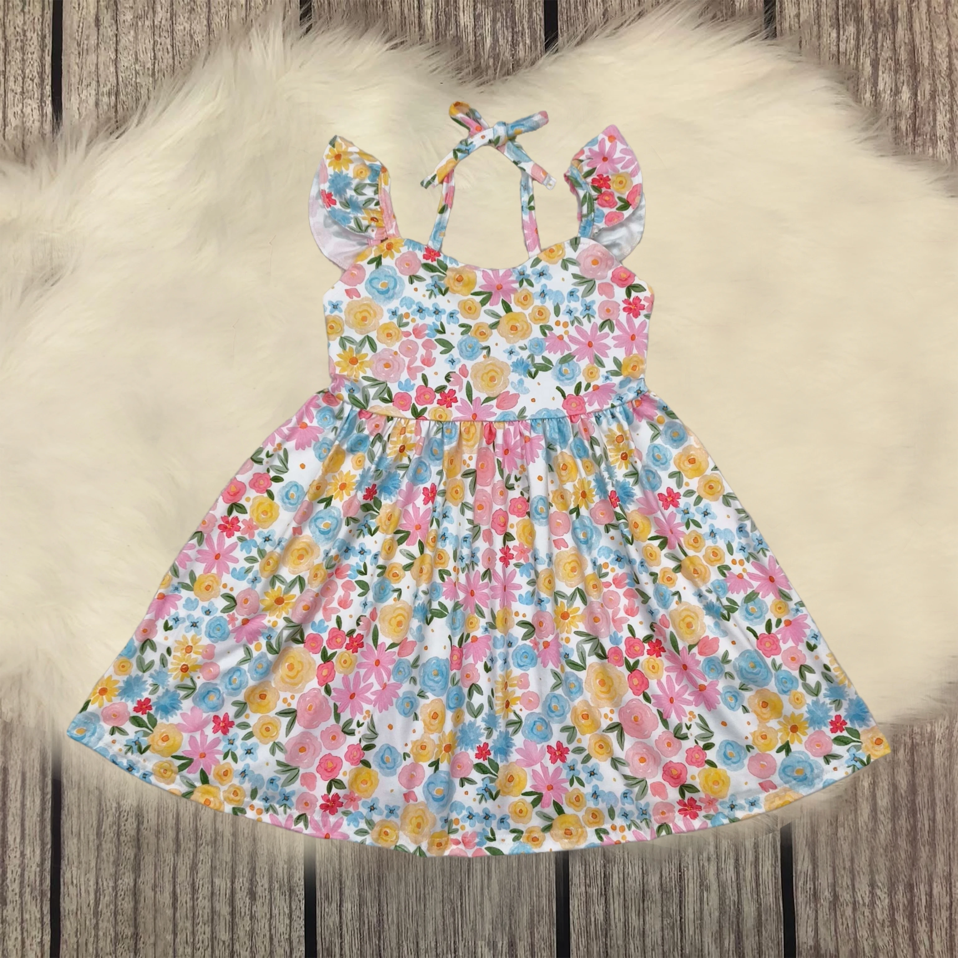 

Wholesale Kids Designer Clothes Children Toddler Boutique Baby Girl Flutter Sleeves Yellow Floral Backless Bow Knee Length Dress