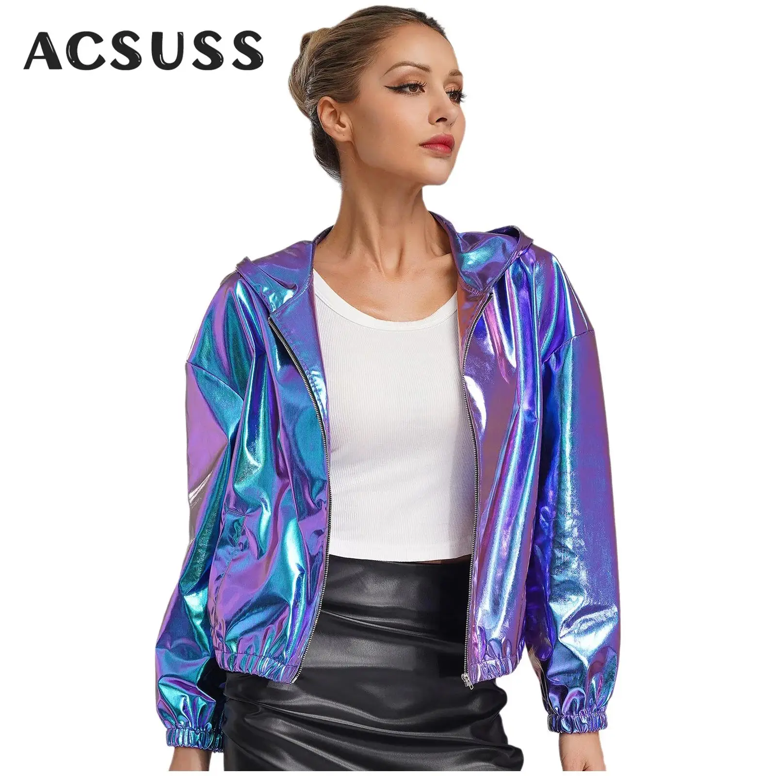Women Holographic Jacket Long Sleeve Hooded Zipper Metallic Short Coat Music Festival Club Party Hip Hop Jazz Dance Street Wear