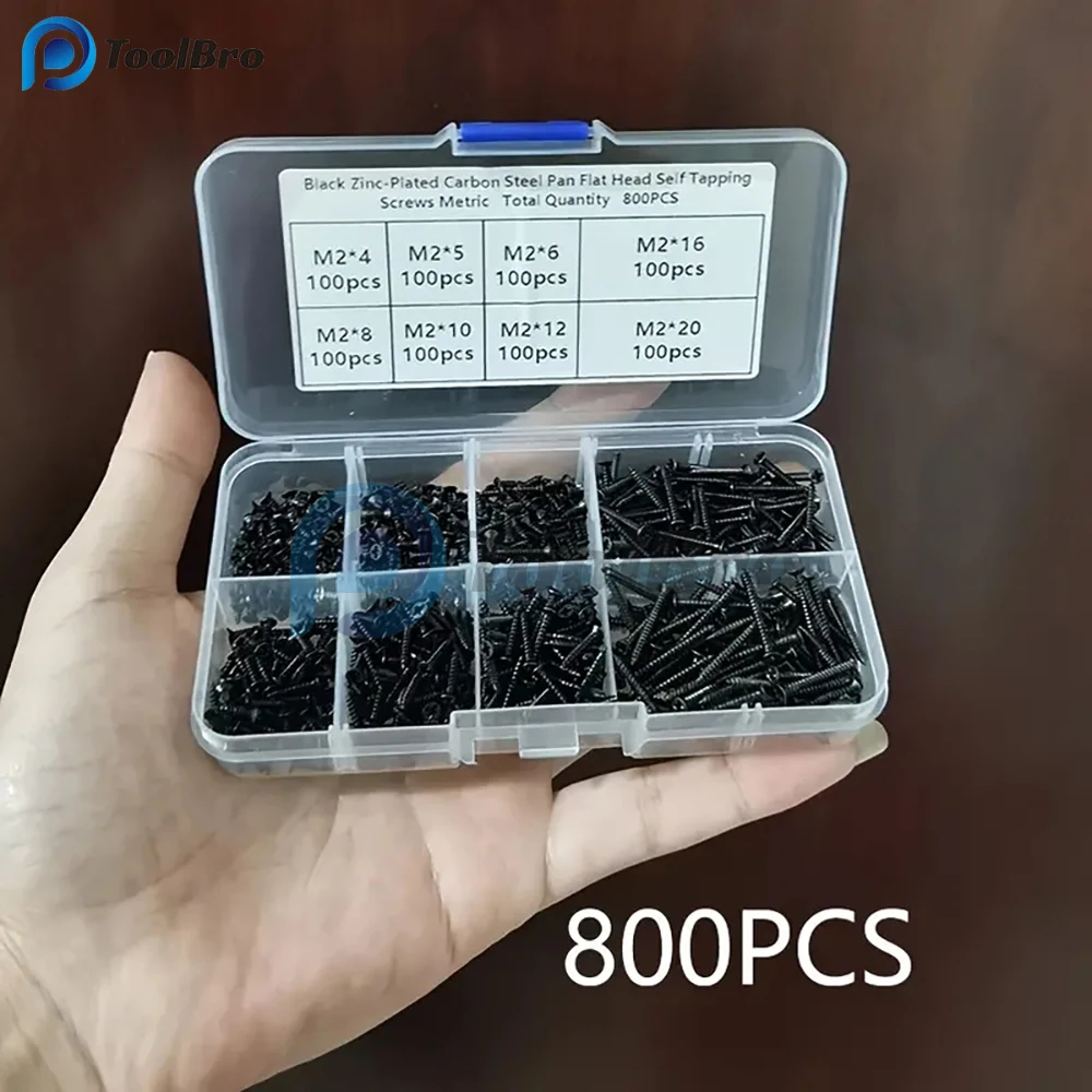 800pcs/set M2 Carbon Steel Screw Assortment Kit Black Cross Countersunk Flat Head Self-tapping Screw Combination Set