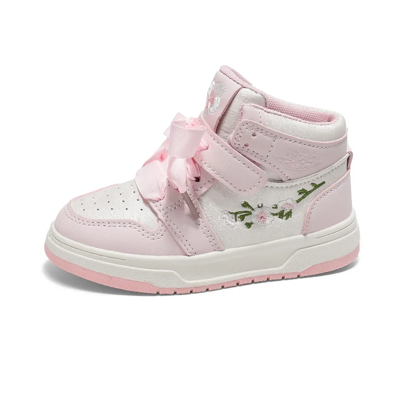 

2025 New Fashion Girls Sneakers High Top Kids Basketball Shoes Embroidered Children Sports Shoes Elegant Sweet Princess Style