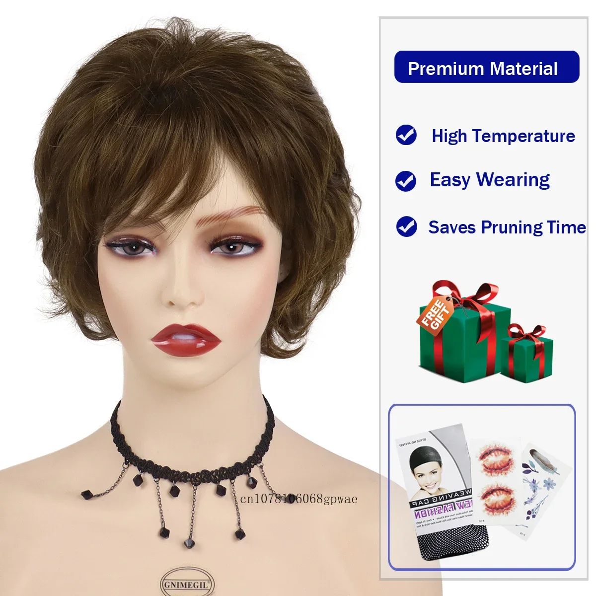 Short Brown Synthetic Wig for Women Lady Fluffy Curly Wig with Bangs Heat Resistant Daily Party Costume Hair Replacement Wigs