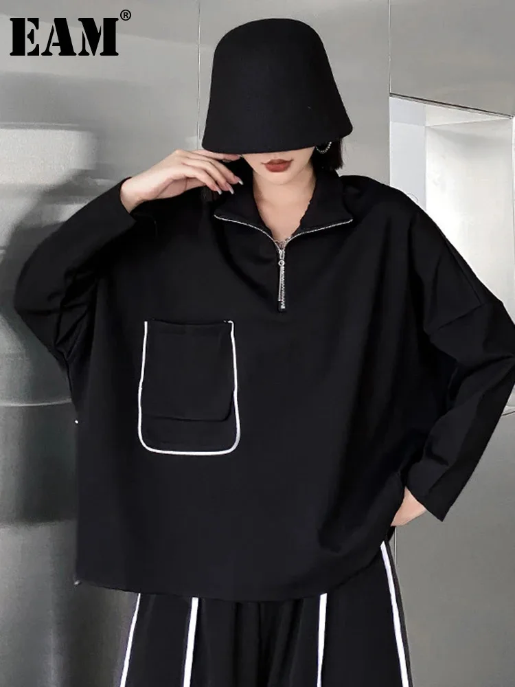 EAM Black Zipper Irregular Pocket Sweatshirt New Turtleneck Long Sleeve Women Big Size Fashion Tide Spring Autumn 2023 1DH7647