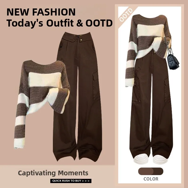 

Autumn Winter Women's Lazy Sle Sweater Wide Leg Pants Two Piece Set Soft Cozy Korean Aosphere Faionable Ensemble