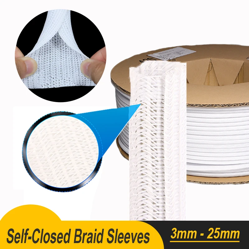 

White PET Braided Expandable Cable Sleeve 3mm ~ 25mm Flexible Self Closed Insulated Wrap Pipe Tube Line Protector Wire Organizer