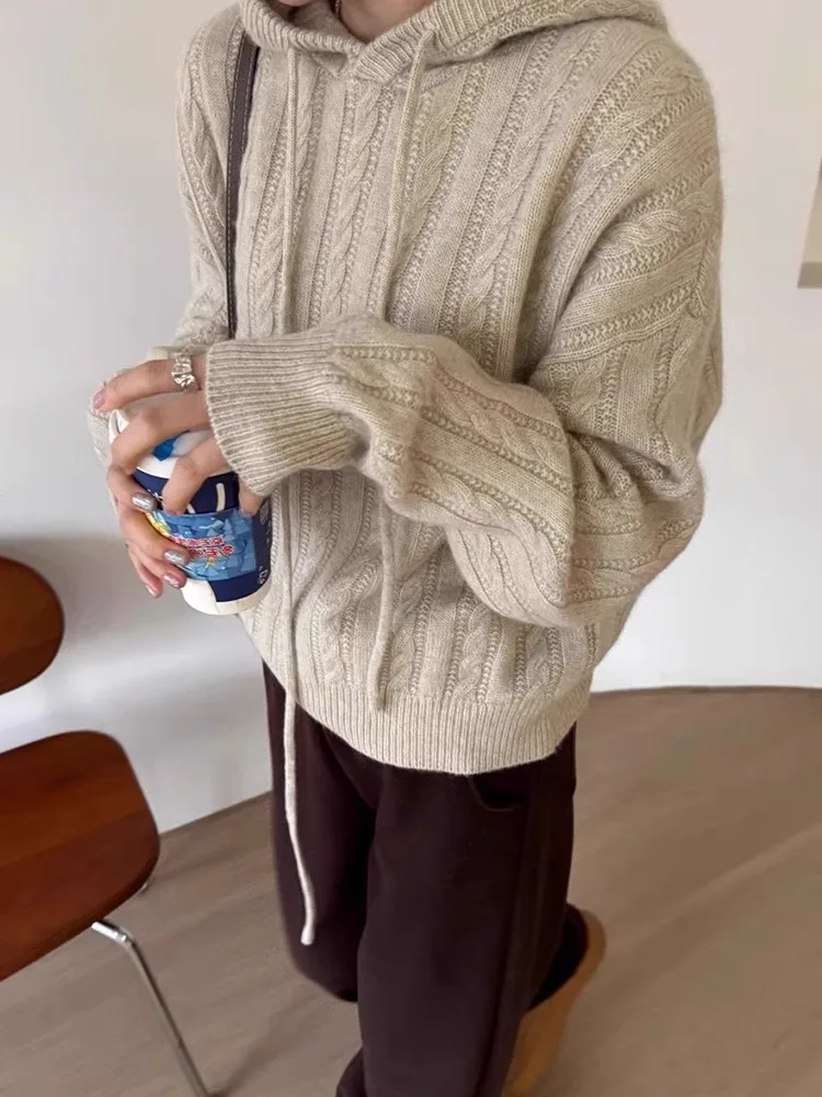 Women's Knitted Hat Sweater Drawstring Cabled Neckloose Style Casual Vintage Knitwear Comfortable Loose Fit Overhead Top