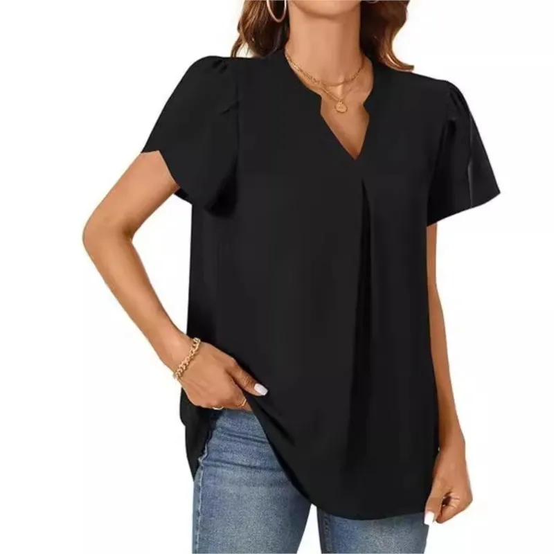 Summer Simple And Fashionable Versatile V-neck Petal Sleeve Shirt For Women, Solid Color Elegant And Generous Femme Blusas 2025