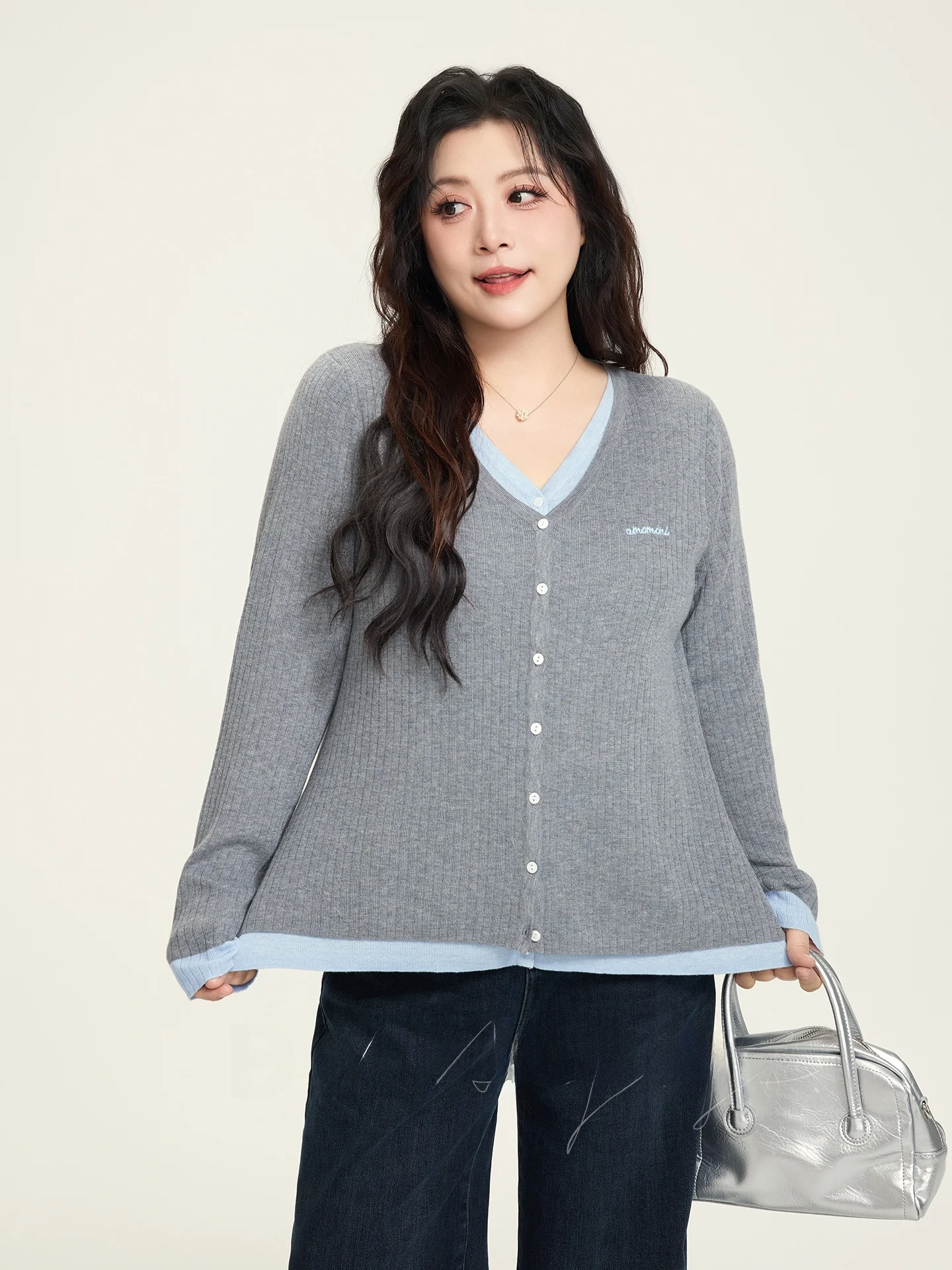 

Lu Miss plus Size Women's Faion V-ne Real Two-Piece Color Blo Knitted Loose Sweater Top Casual Sle Long Sve