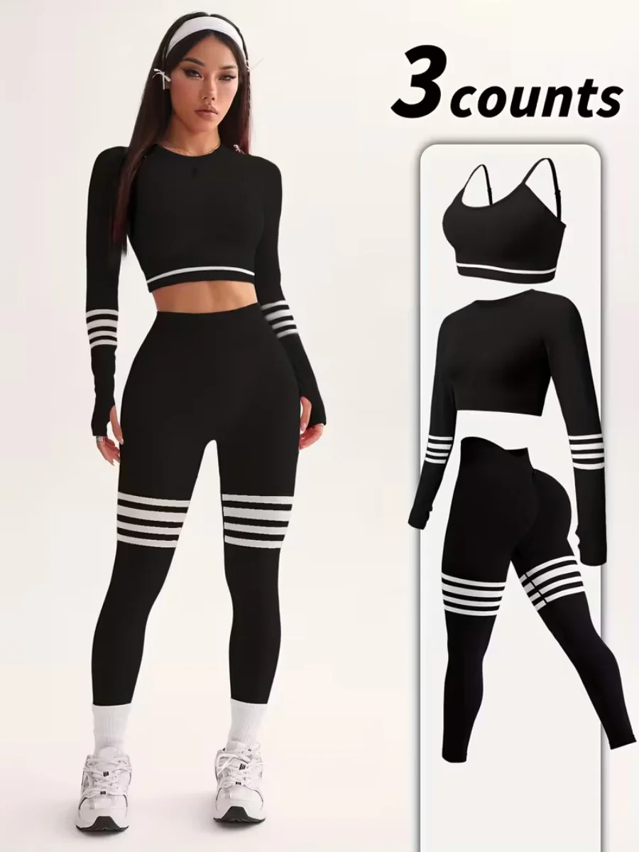

3-Piece Women's Y2K Striped Tracksuit: Crop Top+Leggings+Bra, Slim Gym/Streetwear