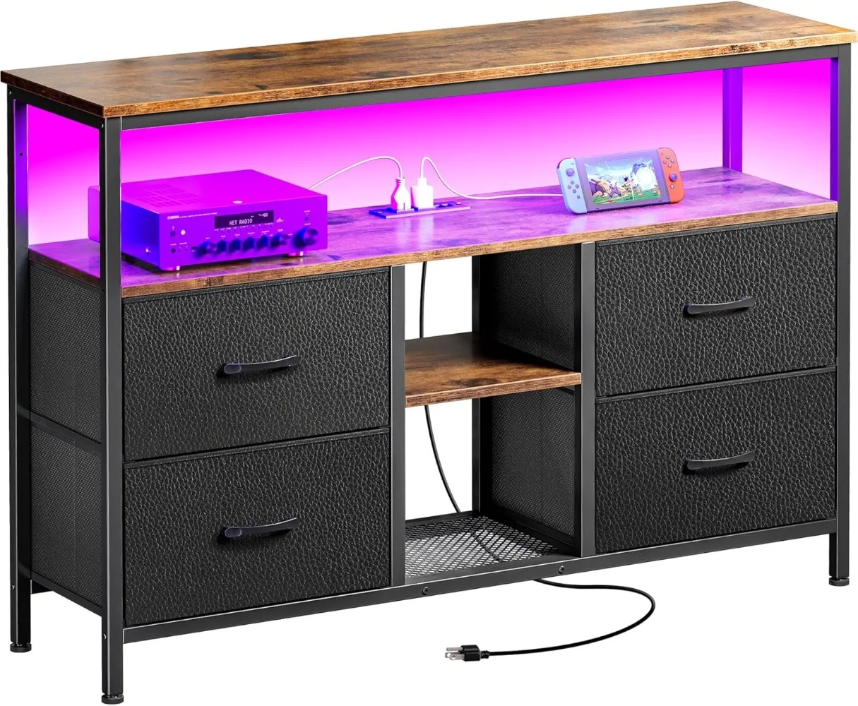 TV Stand Dresser with Power Outlets and LED Lights, 4 Drawers Entertainment Center with Open Shelf, Media Console for 50 43 Inch