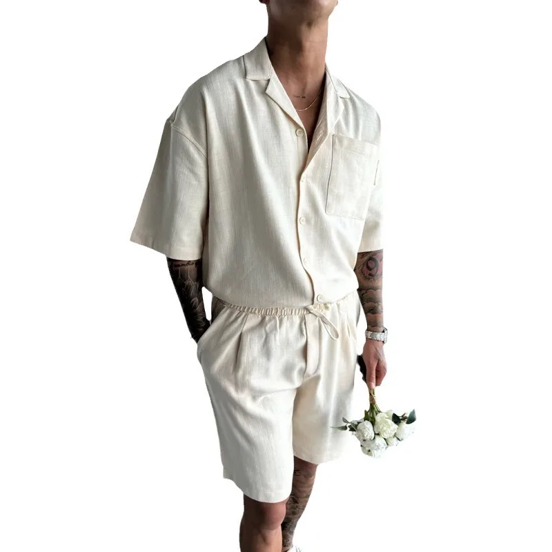 Mens Sets Summer Leisure Lapel Pocket Design Loose Short-sleeved Shirt Five-point Shorts Mens Two-piece Set