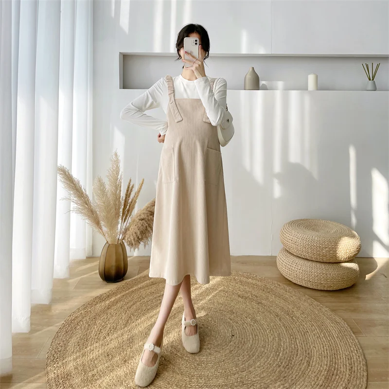 

Cotton Corduroy Strap Dress Loose Knee Length with Pockets Fashion New Winter Fall Maternity Dress