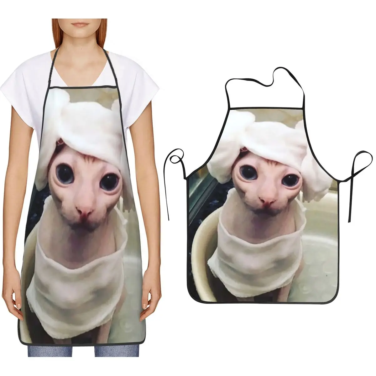 Sphynx Cat Print Apron, Washable, Chef Baking Kitchen Cleaning Gardening Cover-Up