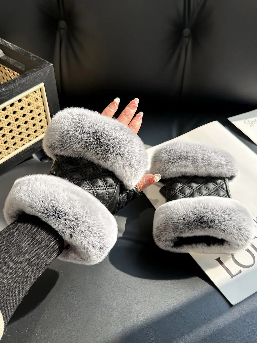 Winter Touchscreen Real Rex Rabbit Fur Half Finger Gloves Women's Cute Genuine Lamb Leather Hand Warmers with Wrist Protection