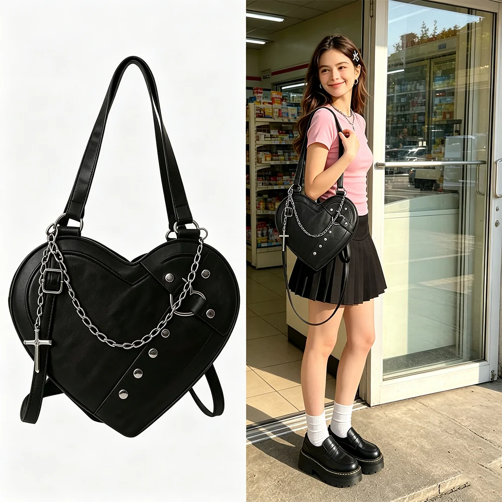 Fashionable Pu Leather Black Shoulder Bag with Chain and Rivets, Large Capacity Gothic Handbag, Portable Heart-Shaped Handbag for Girls, Suitable for Handbags, Shoe Styles, Vintage Gothic Style, Versatile Black Irregular-Shaped Bag
