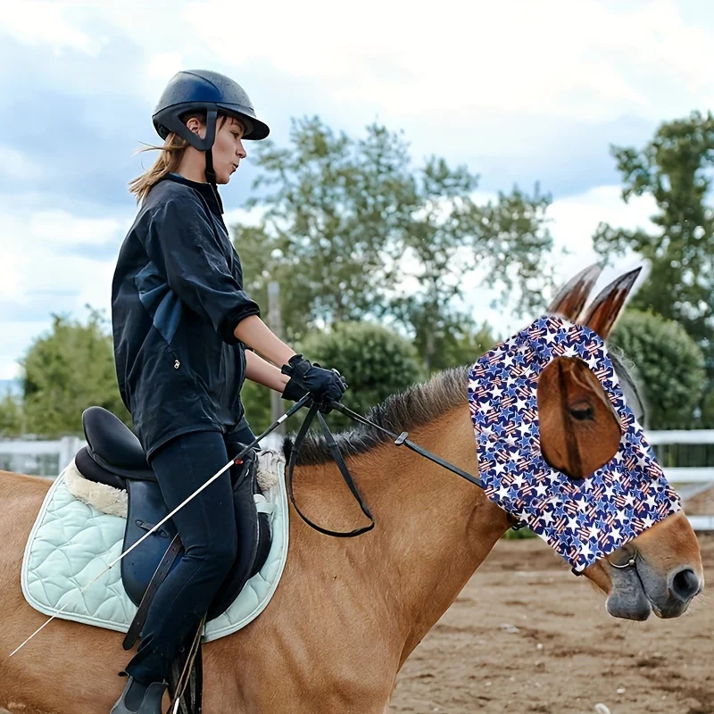 Baisher Comfort-Fit Horse Fly Mask with Blue Star Flag Design - Breathable, Anti-Mosquito & Insect Protection for Horses