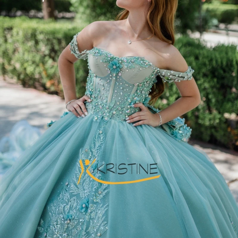 Mint Green Shiny Quinceanera Dresses Off The Shoulder Applique Flower Beading Crystal Bow Tull Party Birthday Sweet 16 Dress