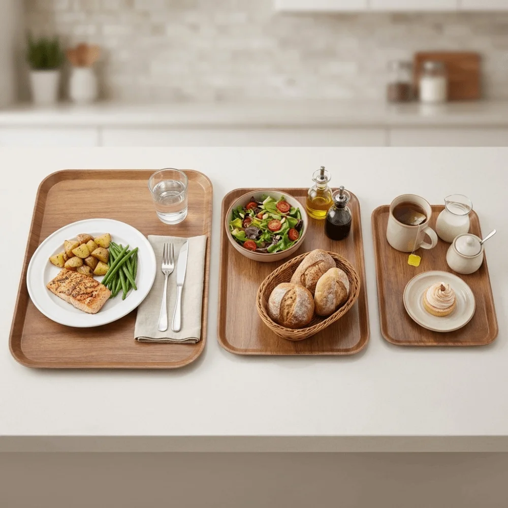 3Pcs Exquisite Melamine Serving Tray Raised Edge Rectangle Food Tray Smooth Sturdy Storage Platter Bedside Use