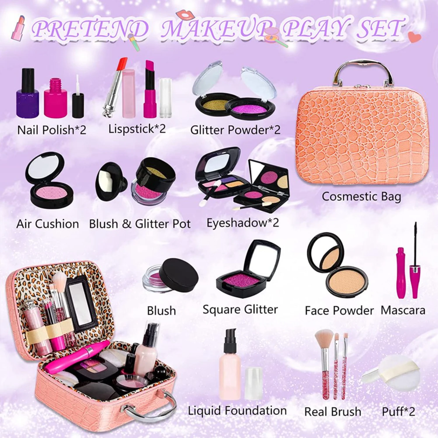 Kit de maquillage pour enfants avec trousse à cosmétiques pour filles de 4 à 10 ans – Y compris pinceaux, ombres à paupières, rouge à lèvres, Mascare, Gittler