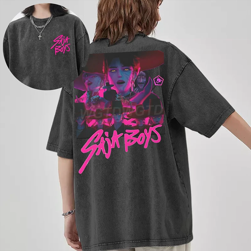 

Washed T Shirt Hot Kpop Demon Hunters Saja Boys T-Shirts Women Men Short Sleeve Round Neck T-Shirt Casual Oversized Tops Unisex