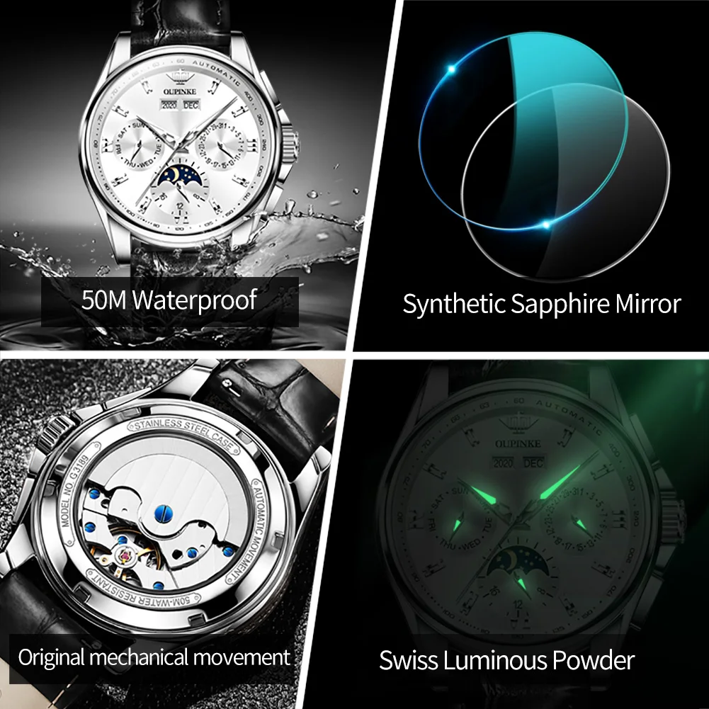 OUPINKE Original Automatic Mechanical Watch for Men Leather Waterproof Luxury Brand Moon Phase Men\'s Wristwatches Reloj Hombre