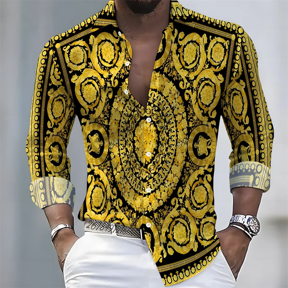2026 Spring/Autumn New European and American Style Men's Long-Sleeved Shirt, Baroque Court Style Print Retro Lapel Casual Shirt