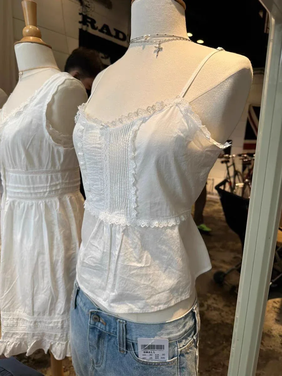 Damskie koronkowe wykończenia Sweet Slim Crop Top Summer Back Lace-up Cotton Sleeveless Camisole Vintage Preppy Style White Tank Tops Y2k New