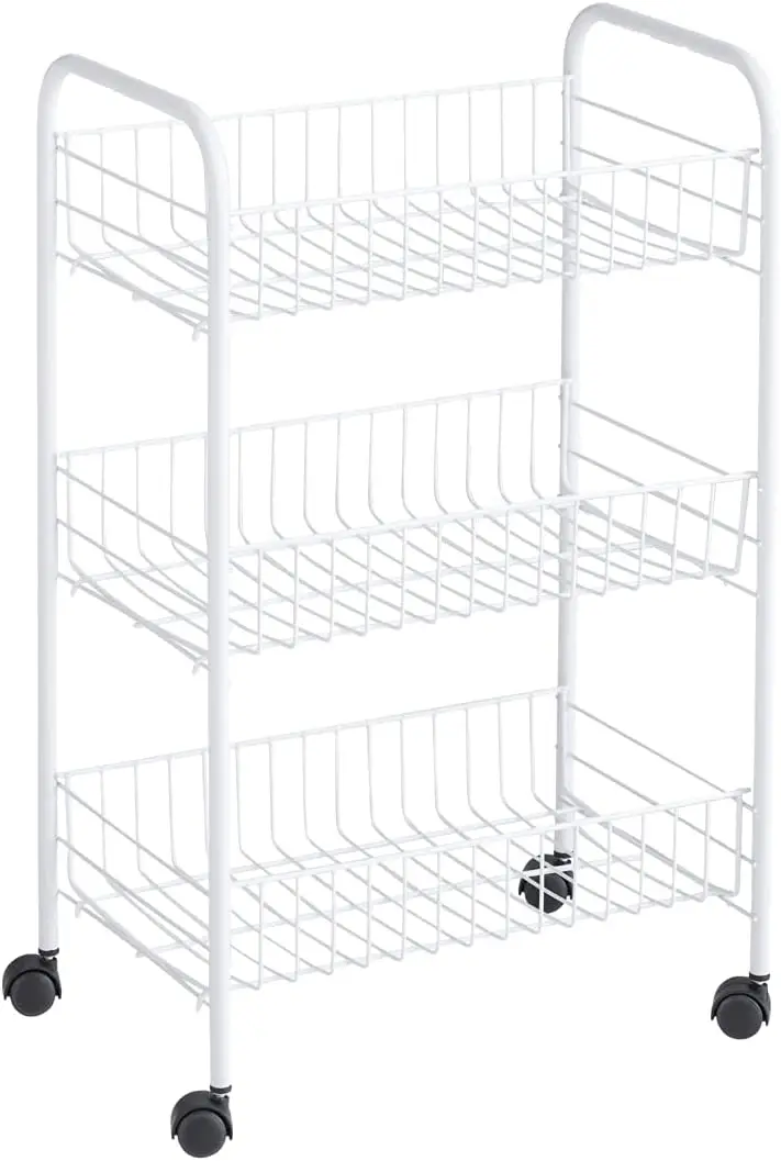 

3-Tier Shelving Wheeled Organizer Wire Adjustable Metal Storage Cart for Office Kitchen Bedroom Laundry Home Use White