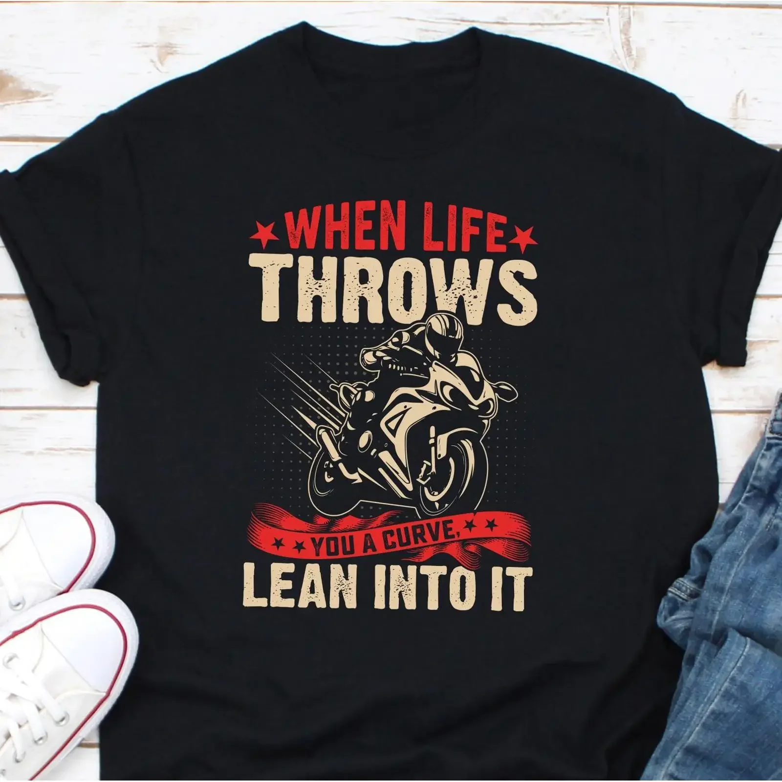 When Life Throws You A Curve Lean Into It Biker T Shirt Motorcycle Rider GifT for Bike Lovers vintage Washed graphic Unisex