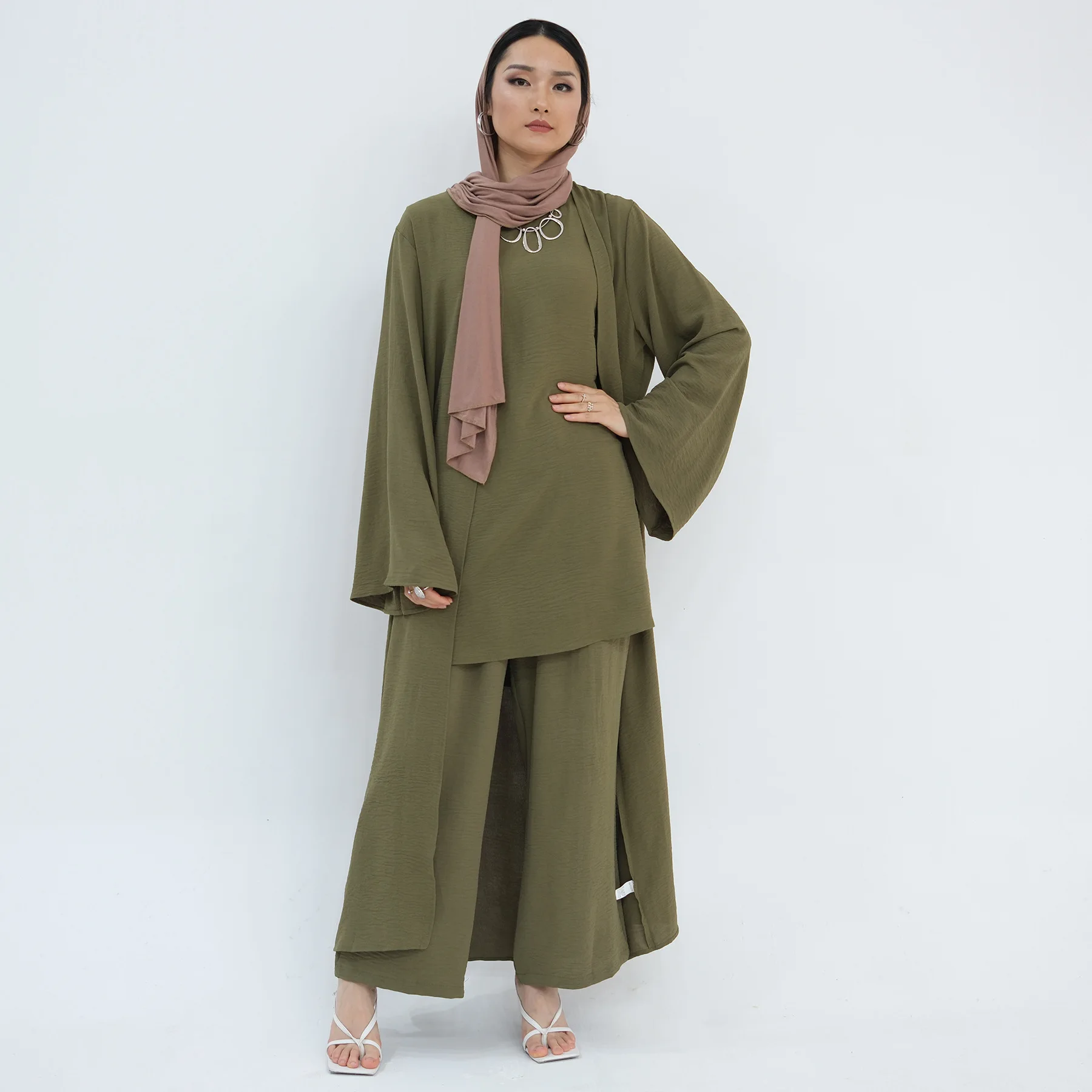 Muslim Islam Abaya Set Three Piece Set Casual Loose Malaysia Indonesian Arab Sleeveless Tops & Pants With Open Abaya 3 PCS Set