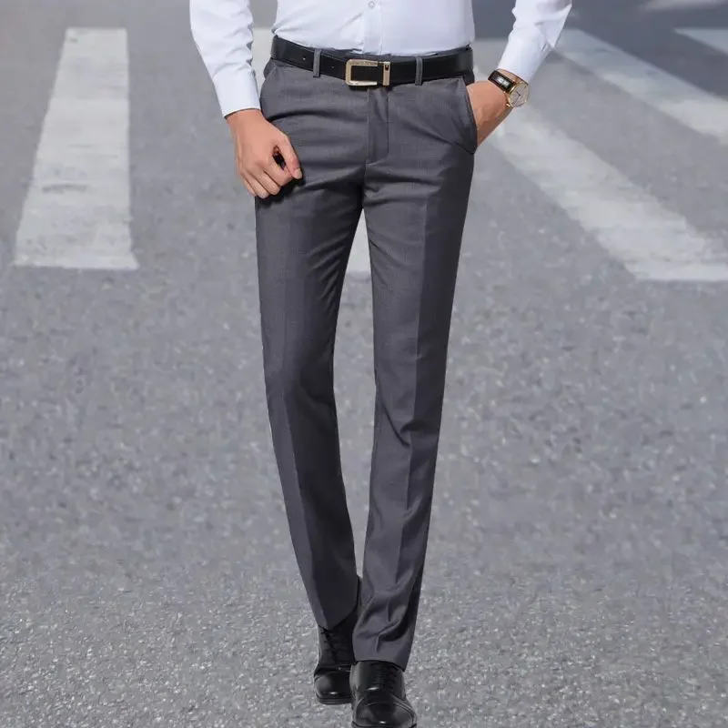 

Stretch Trousers for Men Social Tailoring Elastic Business Baggy Straight Man Suits Pants Slim Fit with Belt Tressed Vintage Up