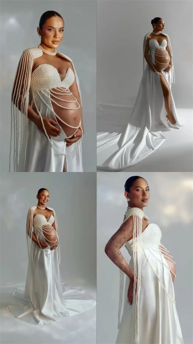 White Pearls Woman Wedding Sleepwear Maternity Prom Dress Sexy Sleeveless Pregnancy Bridal Robes Evening Gown Autumn Customized