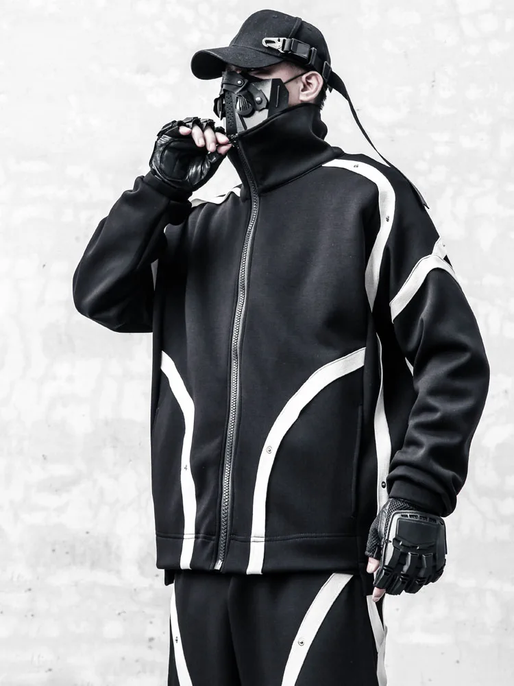 Avant-Garde Spring Coat Black and White Loose Multicolor Dark Cardigan Sports Casual Stand Collar Hip Hop Jacket for Men