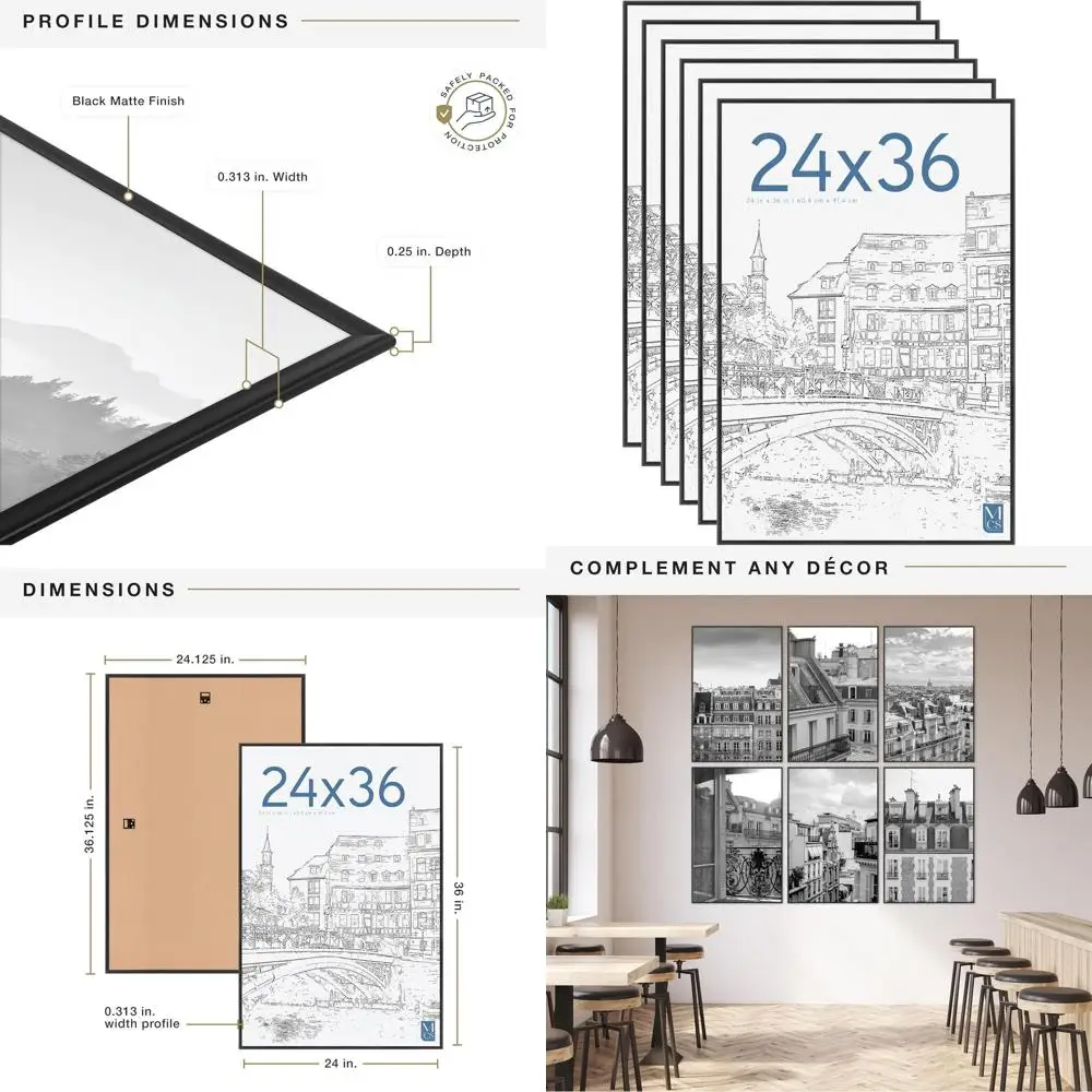 

Набор из 6 черных рам для плакатов размером 24x36 дюймов для вертикальной или горизонтальной настенной витрины искусства и печати