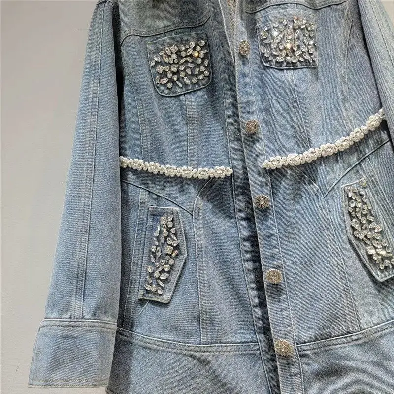 2026 Primavera Nuovo Pesante Perline Strass Moda Donna Casual Versatile Allentato Dimagrante Giacca a maniche lunghe Cappotto Giacca di jeans