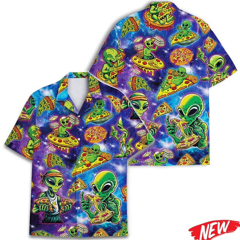 

New Design Alien Graphic Hawaiian Shirt 2026 Summer Holiday Beach Button Short Sleeve Street Casual Oversized Lapel Men's Shirt
