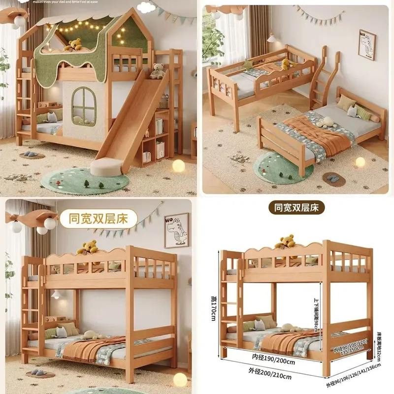 Red Oak Solid Wood Bunk Bed with Slide Treehouse Design Split High Low Beds for Kids Small Apartment Parent Child Furniture