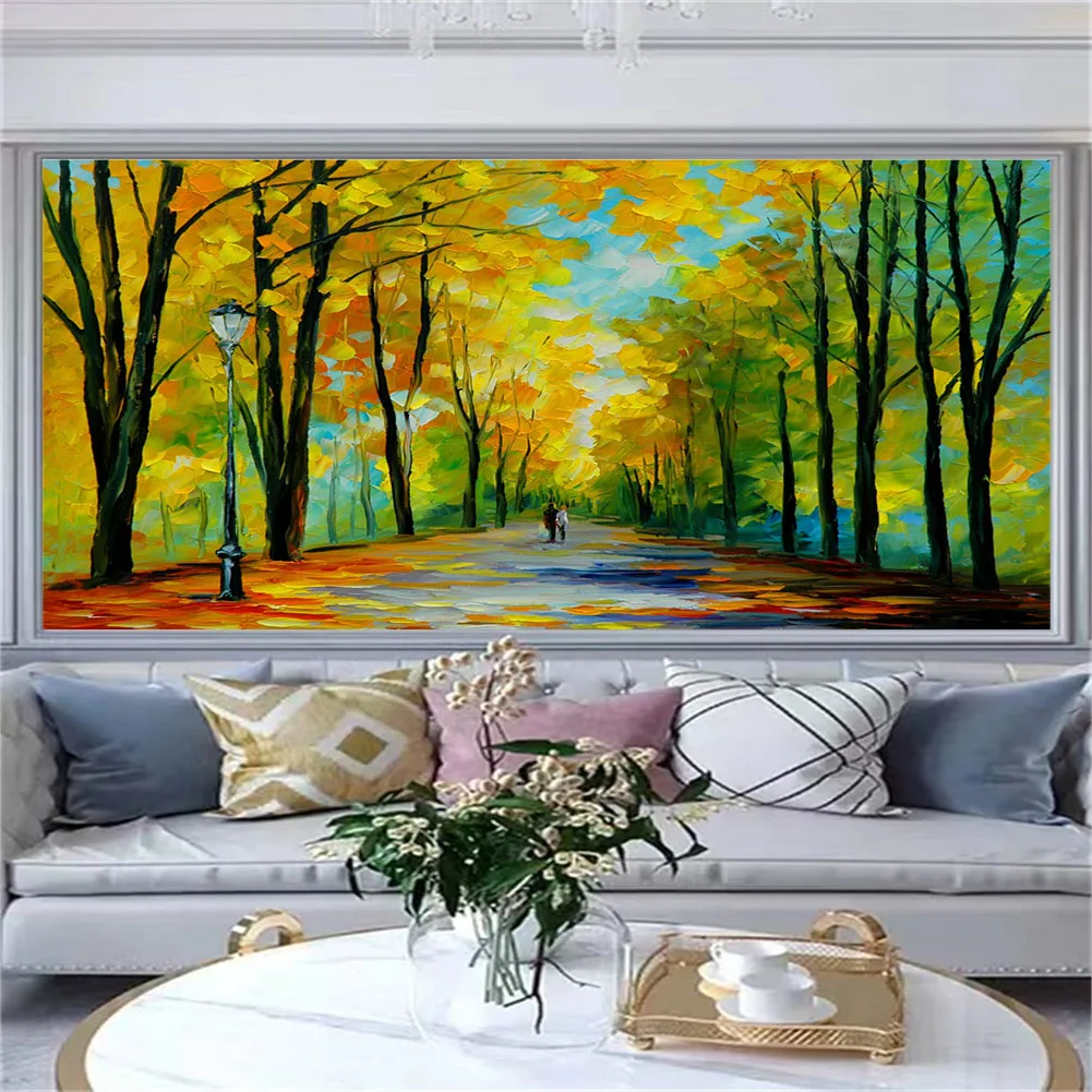 

100% Hand-Painted Abstract Forest Knife Oil Painting Modern Park Path Lovers Landscape Wall Art Canvas Picture Decor Home Living