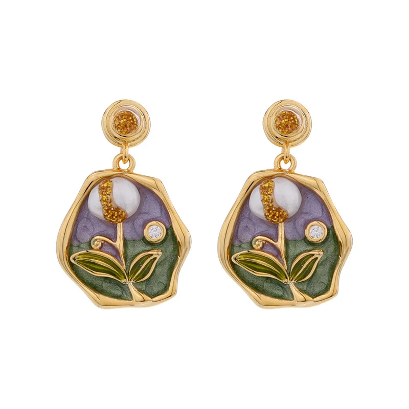 

Oil painting wind freshwater pearl flower earrings light luxury silver needle earrings
