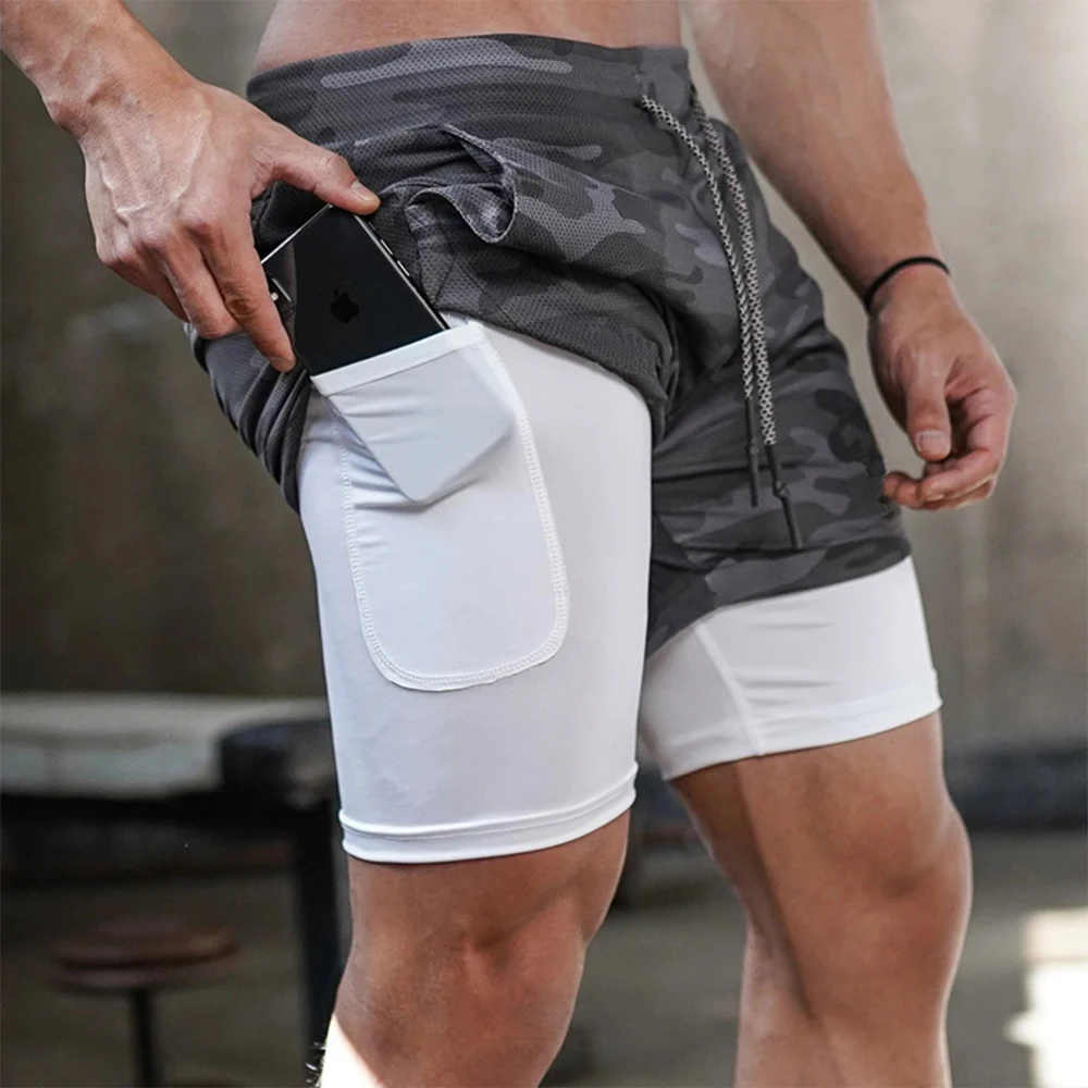 กางเกงขาสั้นออกกำลังกายผู้ชายแบบ2-in-1แห้งเร็วระบายอากาศได้ดีกางเกงจ๊อกกิ้งกีฬายิม