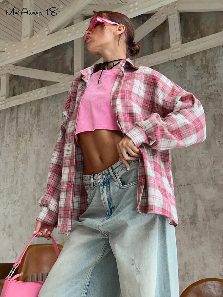 Mnealways18 Pink Casual Oversize Checked Shirts Women Turn Down Collar Street Style Button Ladies Blouses And Tops Autumn 2024