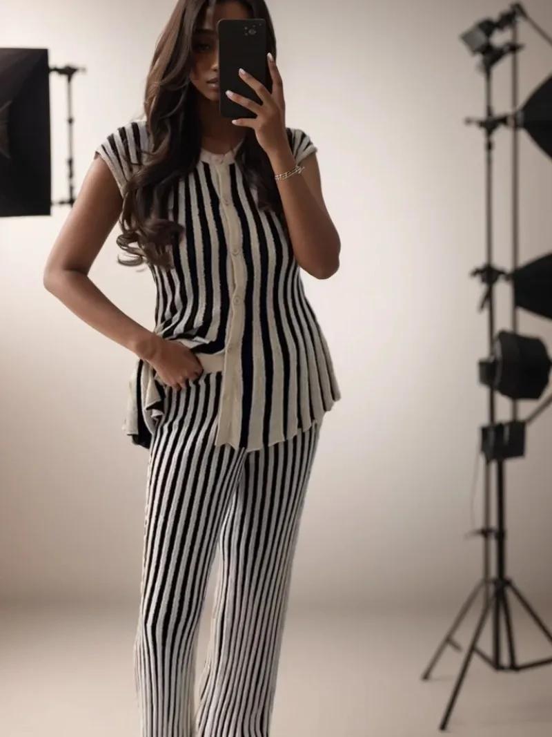 

Модные брюки, костюм, женская одежда, весна 2024, новые женские повседневные полосатые тонкие топы без рукавов, брюки, женские комплекты из двух предметов