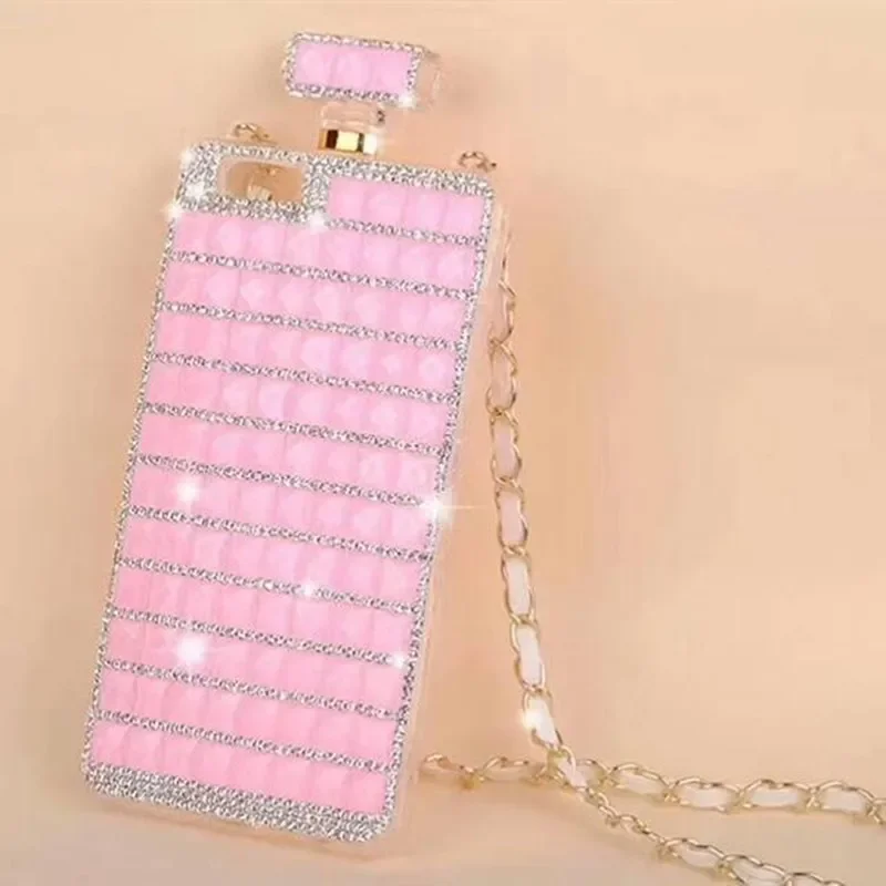 Women Perfume Cover with Chain Strap, Crossbody Bling Diamond, Cute Girl Case, For iPhone 16，14, 13, 12, 15, Xs Pro Max, XR