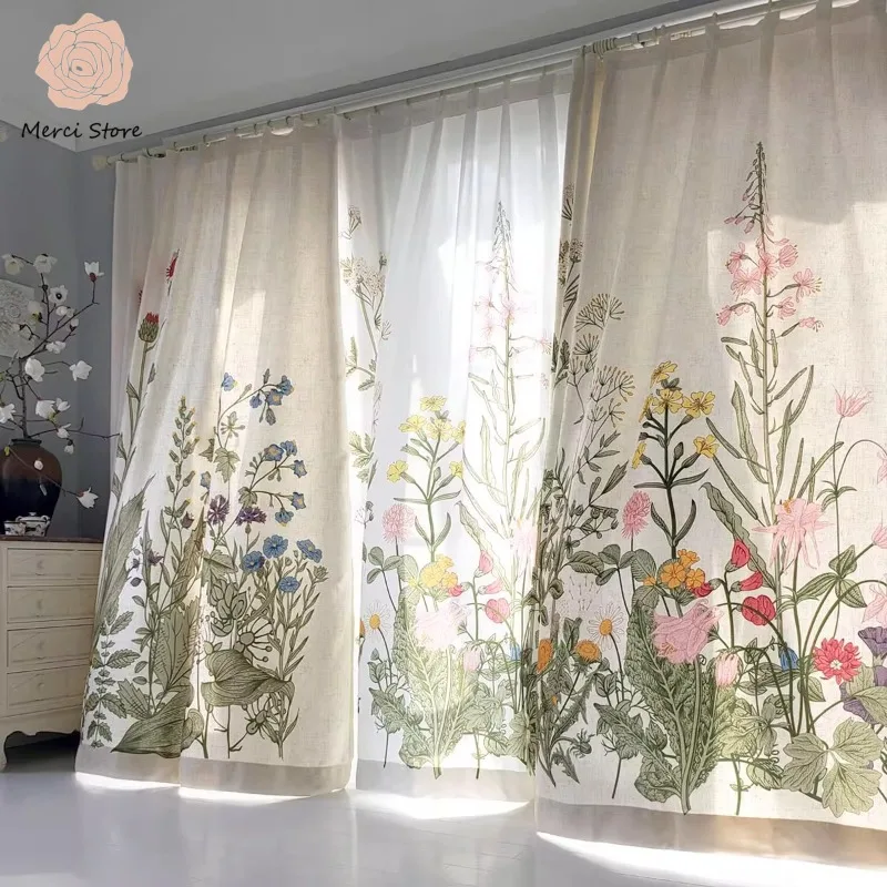 

Plants Hand Painted Linen Thickened Curtains for Living Room Blackout Bedroom High Mysterious Garden Thermal Insulated