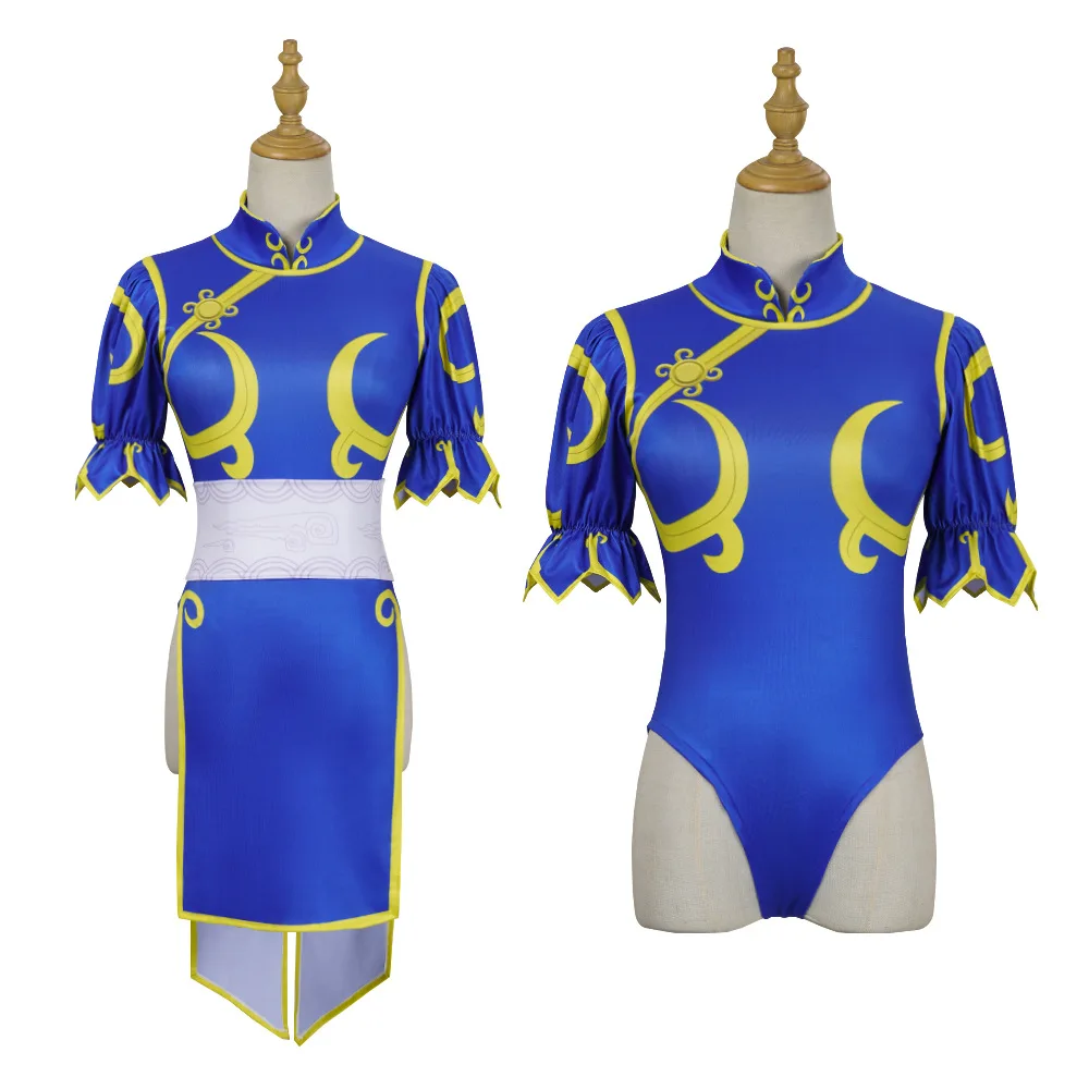 Sexy Chun Li Cosplay-Outfit Street Fighter Chinesisches Qipao-Bodysuit Komplettset Halloween-Karnevalskostüm mit Haaraccessoires
